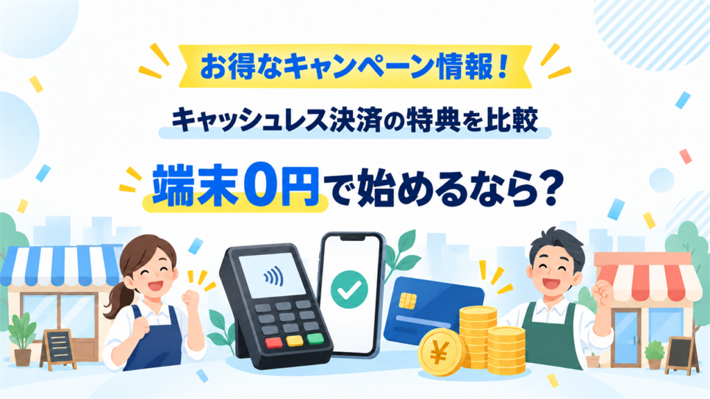 キャッシュレス決済のキャンペーン特典と端末0円を紹介するイラスト